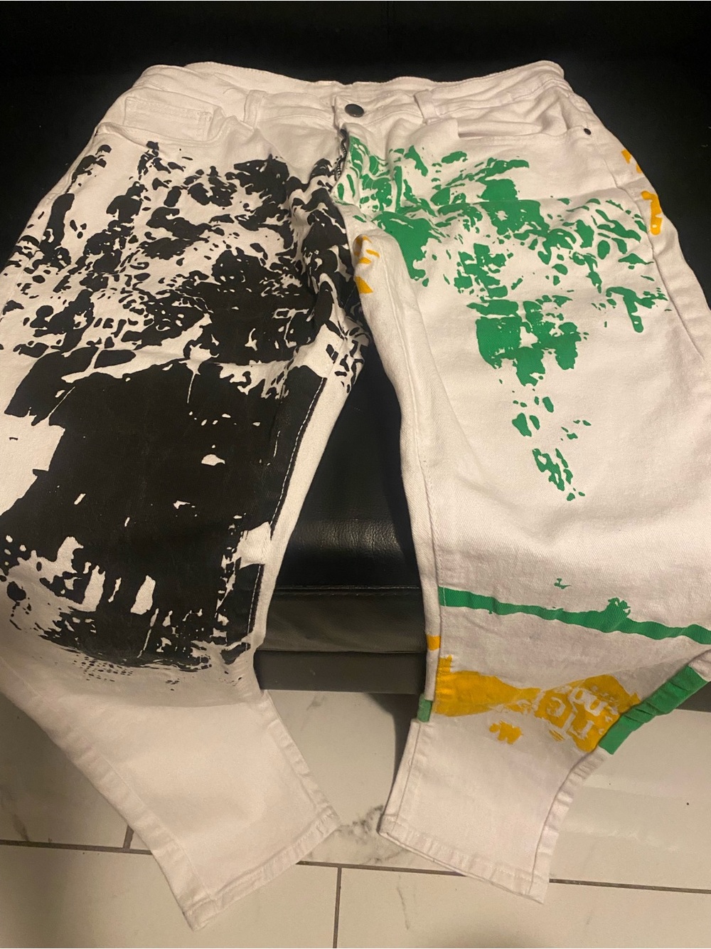 Runway White Paint-Splash Graphic Jeans - Black, Green & Yellow